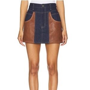 Frame Denim Two-Tone Navy Denim and Brown Leather Mini Skirt